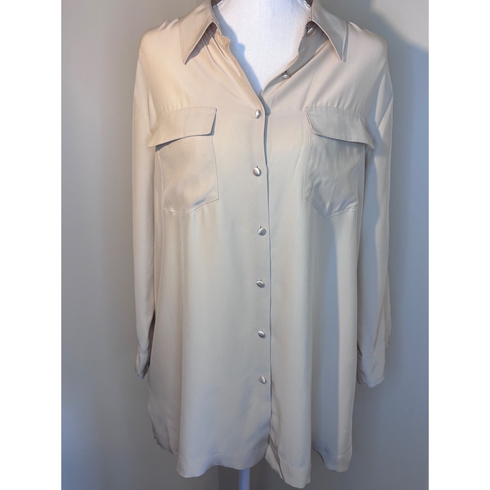 Tommy Bahama Womens 100% Silk Button Down Shirt Beige Champagne Large 12/14
